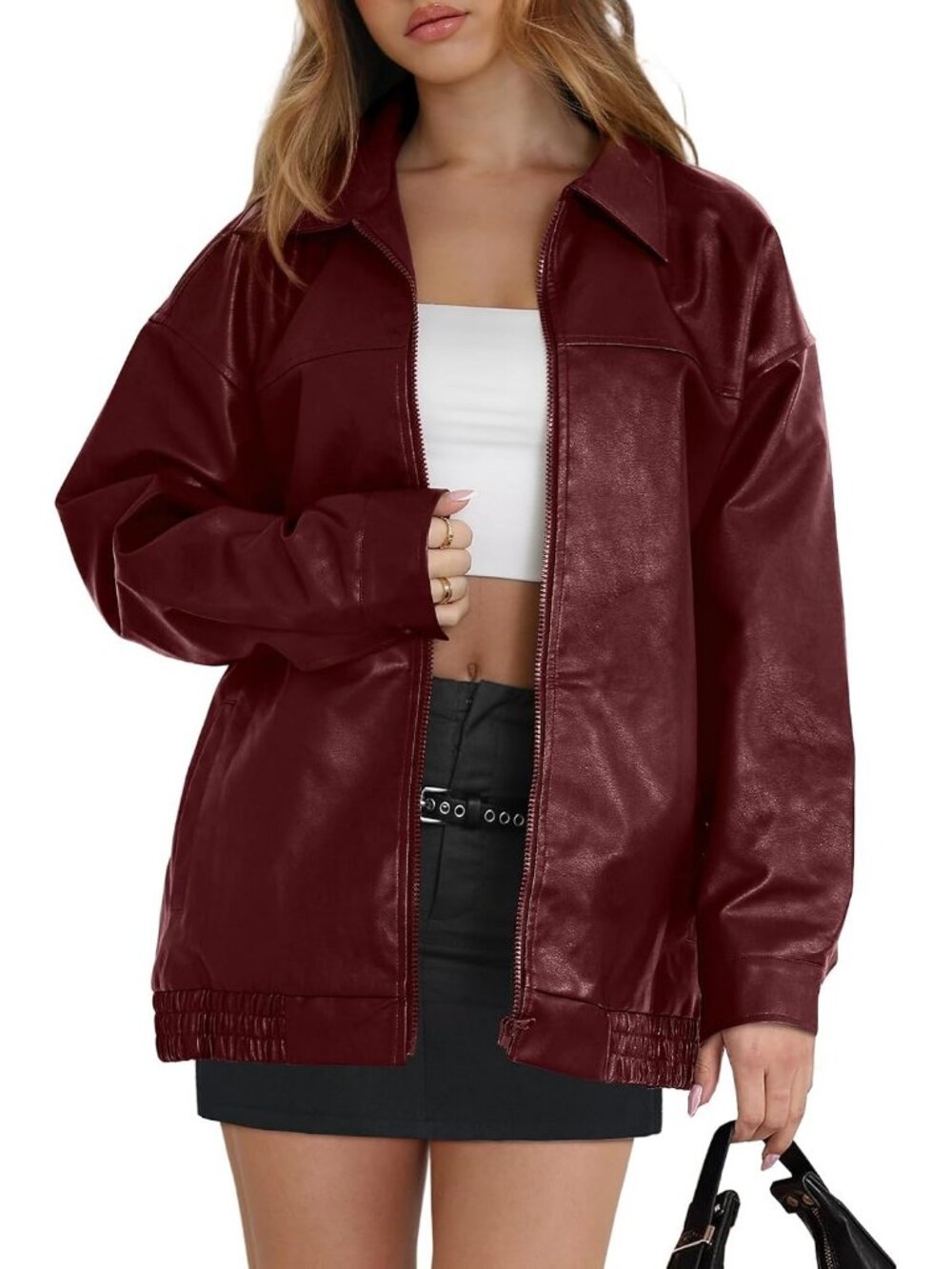 Women's Red Oversized Moto Biker Fall Winter Faux Suede Leather Causal Jacket